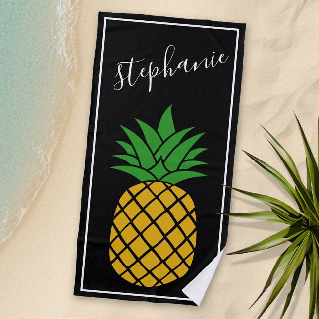 Toalha De Praia Ananás, abacaxi, branco, (Personalized Beach Towel - Photo Collage -- Whimsical Pineapple with a place to add your name)