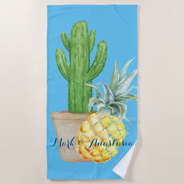 Toalha De Praia Ananás Azul e Cactus de Amor Moderno (Frente)