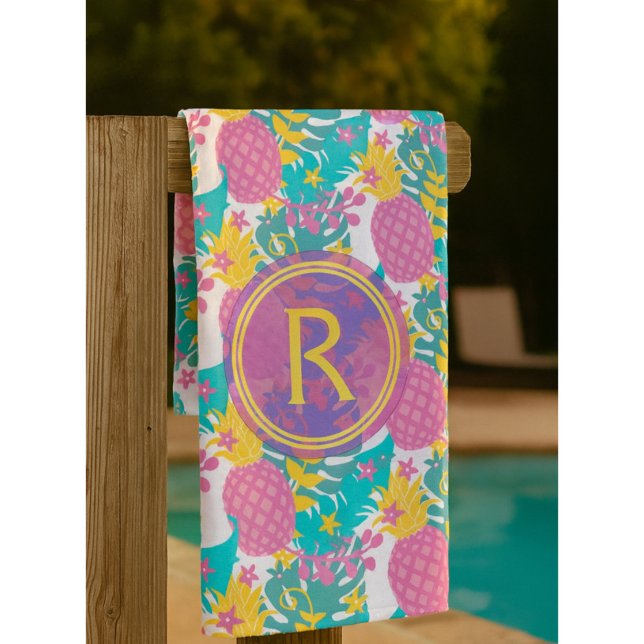 Toalha De Praia Ananás roxos bonito e Folhas Tropicais Azuis (Criador carregado)