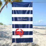 Toalha De Praia Anchor Marinho Azul Stripes Vermelho Nome do Caran<br><div class="desc">Faz um presente perfeito com riscas náuticas,  azuis e brancas,  com caranguejo vermelho e toalha de praia com nome de barco.</div>