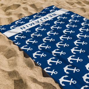 Toalha De Praia Âncora branca azul Marinho de nome personalizado n