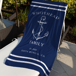 Toalha De Praia Âncora de Família Azul Marinho Náutico Personaliza