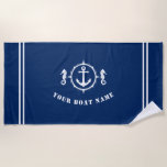 Toalha De Praia Âncora do cavalo com nome do barco Marinho azul<br><div class="desc">Na moda Seacavalo e âncora com o seu nome de barco personalizado Marinho Blue Beach Towel. Esta toalha personalizada não só o manterá seco,  como também é uma peça divertida de conversa. Faz um presente de excelente para qualquer ocasião.</div>