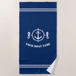 Toalha De Praia Âncora do cavalo com o nome do barco no Marinho az