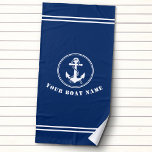 Toalha De Praia Âncora e corda náuticas com o nome da embarcação M<br><div class="desc">Ancoragem e corda náuticas russas com seu nome de barco personalizado Marinho Blue Beach Towel. Esta toalha personalizada não só o manterá seco,  como também é uma peça divertida de conversa. Faz um presente de excelente para qualquer ocasião.</div>