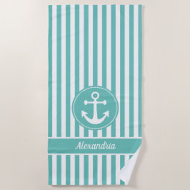 Toalha De Praia Âncora Náutica com Teal de Corda e Stripes Brancas