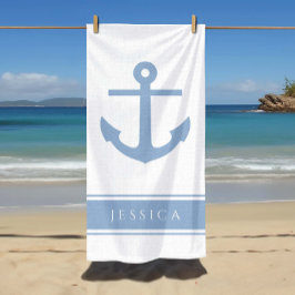 Toalha De Praia Âncora Náutica Nome Personalizado Azul 