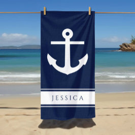 Toalha De Praia Âncora Náutica Nome Personalizado Azul Marinho 