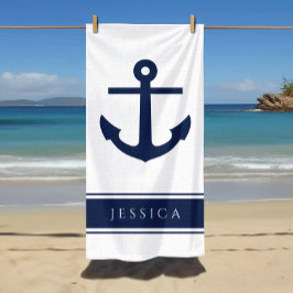 Toalha De Praia Âncora Náutica Nome Personalizado Azul Pó