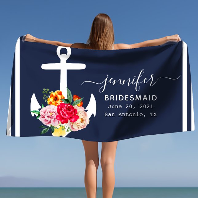 Toalha De Praia Âncora Náutica Personalizada Banheiro Oceano Azul  (Floral Anchor Bridesmaid Gift Personalized Name Beach Towel)
