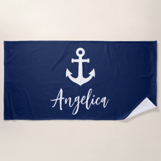 Toalha De Praia Âncora Personalizada Azul Marinho e Branco