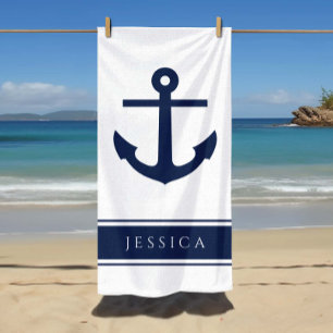Toalha De Praia Ancoragem Náutica Nome Personalizado Pó Azul