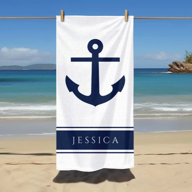 Toalha De Praia Ancoragem Náutica Nome Personalizado Pó Azul (Nautical Anchor Custom Name Powder Blue Beach Towel)