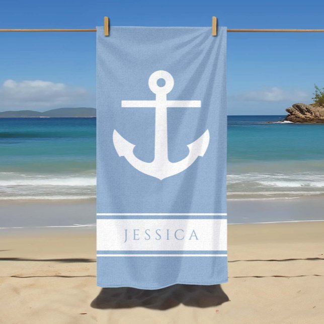 Toalha De Praia Ancoragem Náutica Nome Personalizado Pó Azul (Nautical Anchor Custom Name Powder Blue Beach Towel)