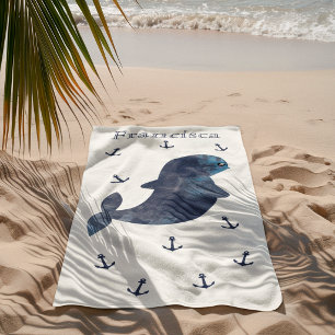 Toalha De Praia Âncoras Azuis Brancas Náuticas Baleia Kawaii Fofa