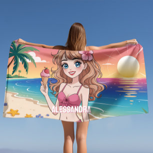 Toalha De Praia Anime Beach Girl - Sunset tropical com Sorvete