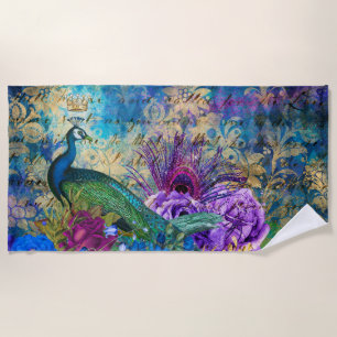 Toalha De Praia Antigo Pavão Ilustrado e Flores Grunge