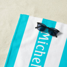 Toalha De Praia Aqua Azul Branco | Listras de Cabana Personalizada