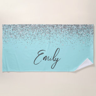 Toalha De Praia Aqua Azul Verde Prateado Glitter Monograma
