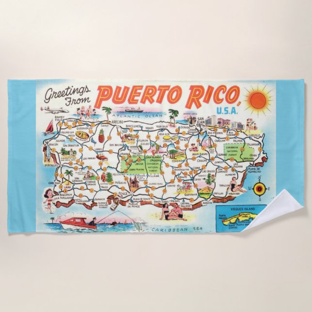 Toalha De Praia Aqua Puerto Rico Saudações Beach Towel (Frente)