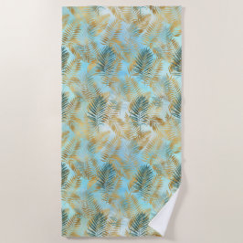 Toalha De Praia Aqua Sky Green Folhas Tropicais Douradas