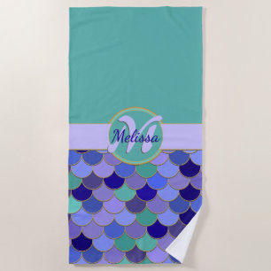 Toalha De Praia Aqua Teal & Purple Scalmid Monograma + Nome