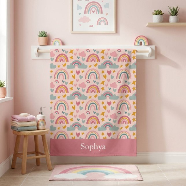 Toalha De Praia Arco-íris Rosa Personalizado para Crianças (Criador carregado)