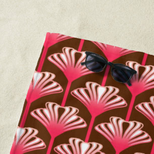 Toalha De Praia Art Deco Lily, Chocolate Castanho e Coral Rosa