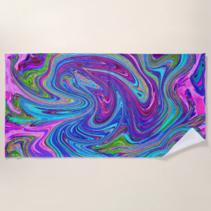 Toalha De Praia Arte Abstrata Retro Groovy Azul, Rosa e Roxo