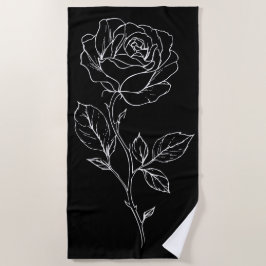 Toalha De Praia Arte de Linha de Rosa Minimalista – Flor Preta e B