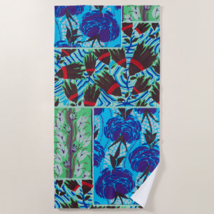 Toalha De Praia Arte Floral Azul e Verde Maximalista Vibrante