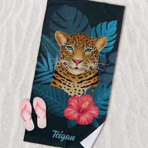 Toalha De Praia Arte Floral bonito de Leopardo-da-Selva Azul N