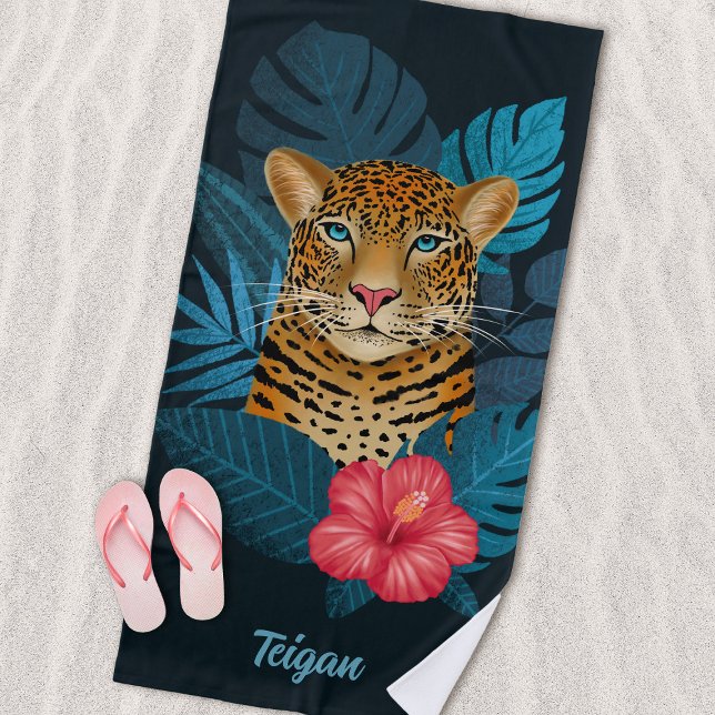 Toalha De Praia Arte Floral bonito de Leopardo-da-Selva | Azul | N (Criador carregado)