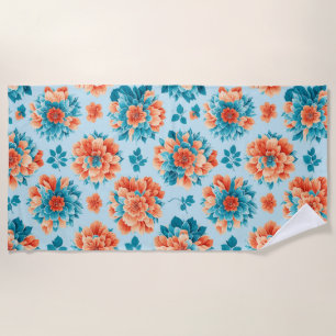 Toalha De Praia Arte Floral Laranja e Azul Radiante