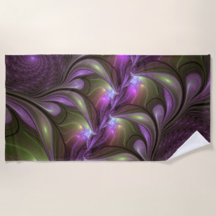 Toalha De Praia Arte Fractal de Khaki, Abstrato violeta e colorida