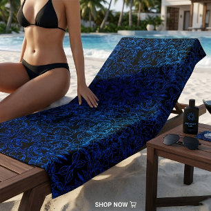 Toalha De Praia Arte Linear Botânica Floral Gótica Azul Elétrico