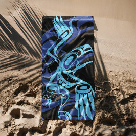 Toalha De Praia Arte Nativa Do Pássaro Negro Azul-Águia