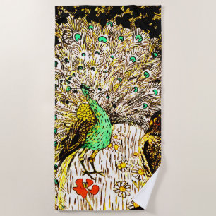 Toalha De Praia Arte Neerlandesa Nouveau Peacock e Corujas