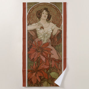 Toalha De Praia Arte Novo Rubi Vintage Floral Alphonse Mucha