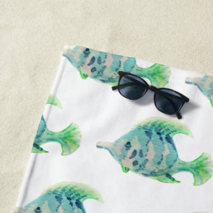 Toalha De Praia Artesanal Aquarela Azul Peixes Tropicais