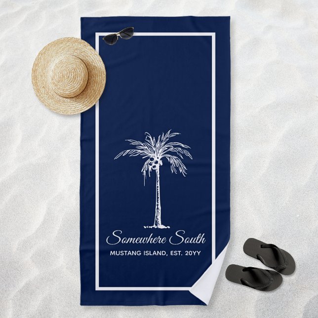 Toalha De Praia Árvore branca de palma azul-Marinho elegante perso (Elegant Navy Blue White Palm Tree Personalized Beach Towel)