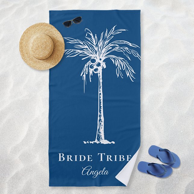 Toalha De Praia Árvore de Palma Branco Azul de Tribo Brilhante Per (Bride Tribe Blue White Palm Tree Custom Beach Towel)