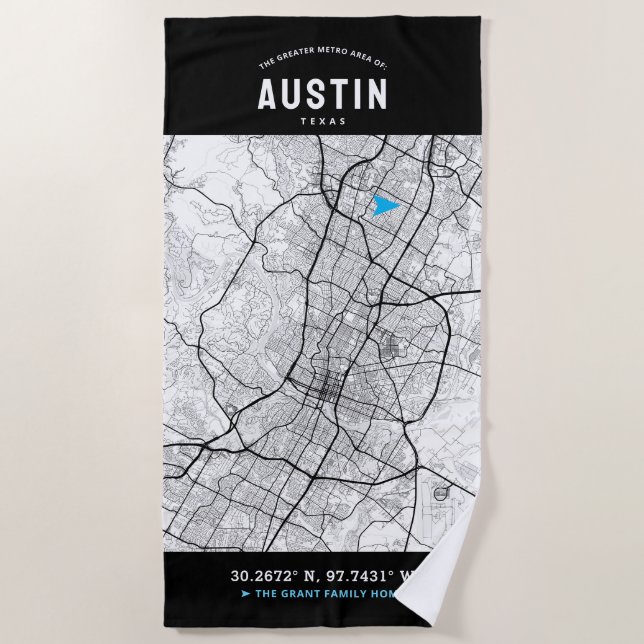 Toalha De Praia Austin, Texas City Map + sua localização personali (Frente)