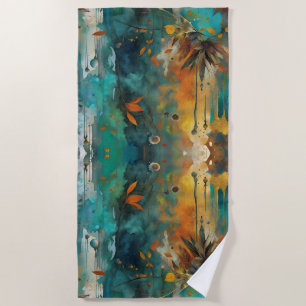 Toalha De Praia Autumn Harvest Teal Rust Abstrato Dourado