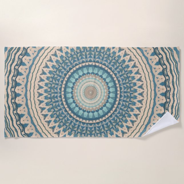 Toalha De Praia Azul-azul-claro - Beige Mandala  (Frente)