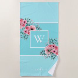 Toalha De Praia Azul Céu Monograma Flores de Aquarelas Torneira de