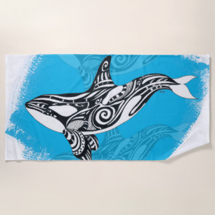 Toalha De Praia Azul de espírito tribal do tatuagem da baleia de