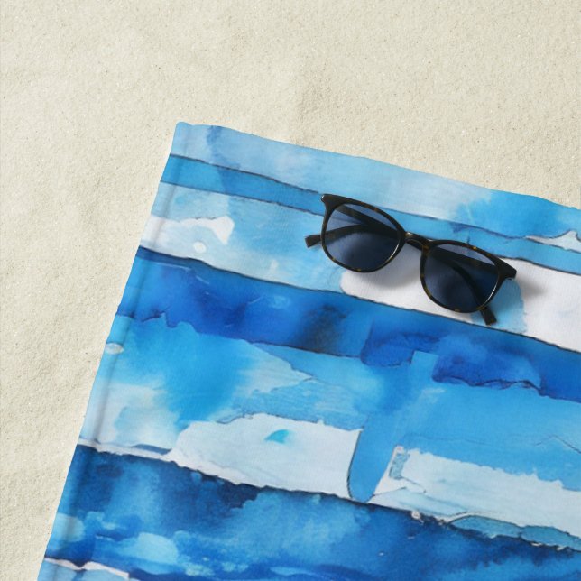 Toalha De Praia Azul e branco de aquarela com risca (In Situ)