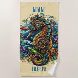 TOALHA DE PRAIA AZUL FANTASIA & MARROM CAVALO-MARINHO STEAMPUNK