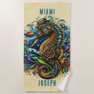 TOALHA DE PRAIA AZUL FANTASIA & MARROM CAVALO-MARINHO STEAMPUNK